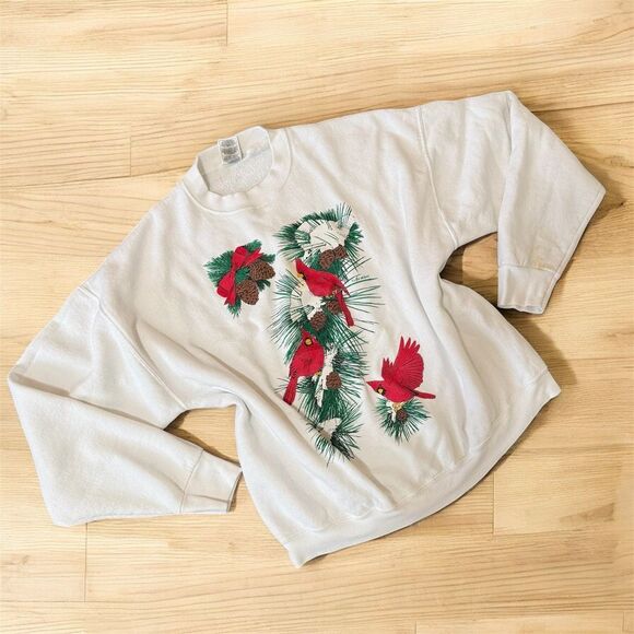 Vintage White Cardinal Puffy Bird Tree Christmas Sweatshirt Holiday XXL - Picture 1 of 7